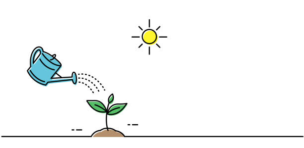 ilustrações de stock, clip art, desenhos animados e ícones de watering a watering can flower.  thin line with color. - watering can illustrations