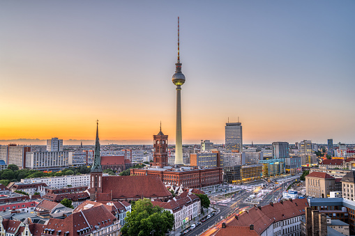 The center of Berlin with the famous TV Tower after sunset
