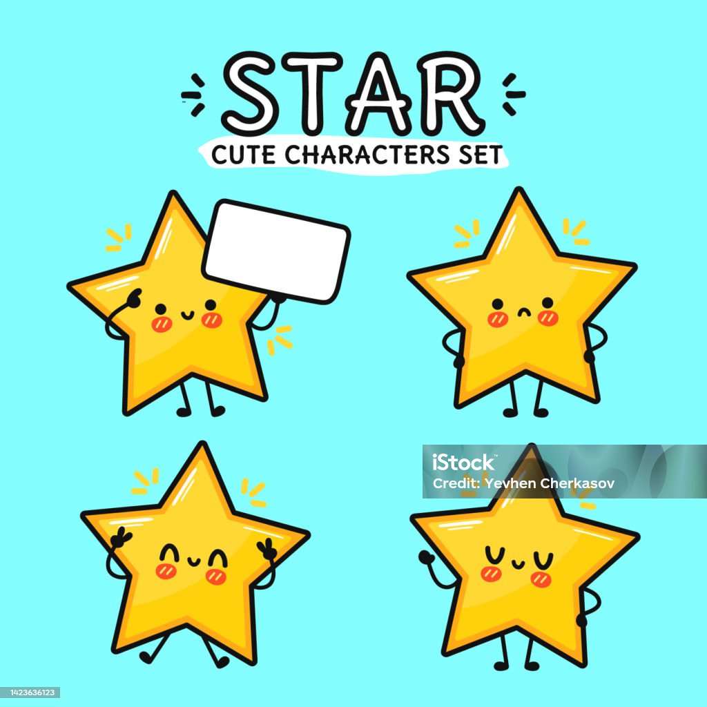 Animation Star Characters Funny Cute Happy Star Characters Bundle Set Vector Hand Drawn Doodle ...