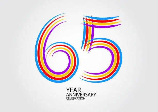 Vector illustration of 65 years anniversary celebration logotype colorful line vector, 65th birthday logo, 65 number design, Banner template, logo number elements for invitation card, poster, t-shirt.