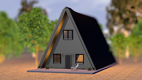 Tiny house , 3D rendering. Nice minimalistic modern house. Real estate concept. Houses in the forest in nature.