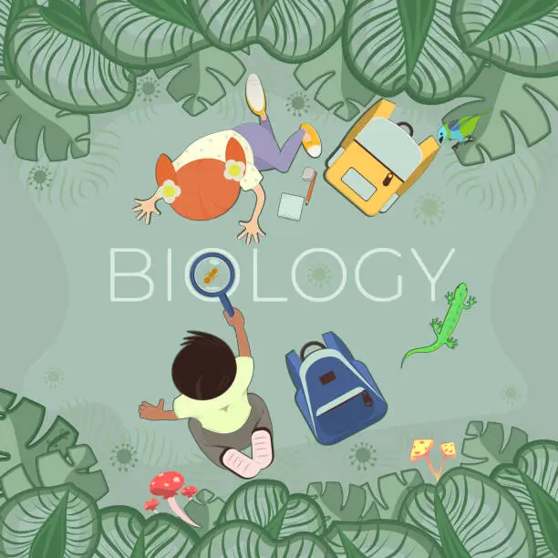 Vector illustration of Children's educational illustration on the theme of biology. Children look at an ant through a magnifying glass. View from above. Tropical plants, lizard, backpacks, bird, mushrooms. Vector illustration.