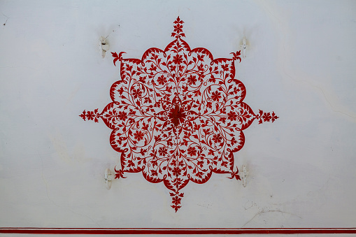 Wall decoration, Indian style in red,  Kumbhalgarh Fort, Rajasthan, India, Asia
