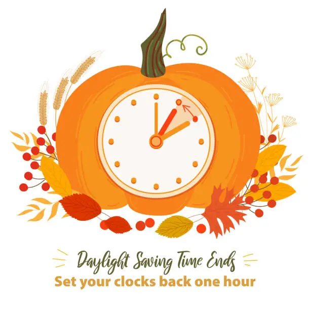 Vector illustration of Daylight saving time ends. Clock change. Fall back time banner. Pumpkin alarm clock