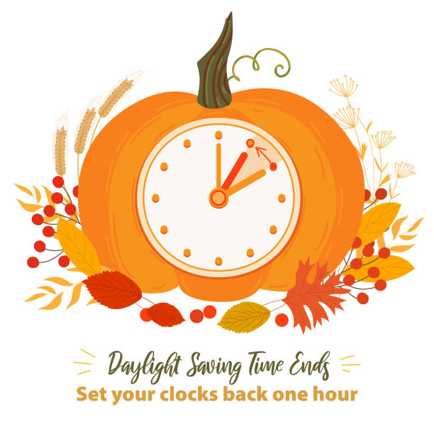 daylight saving time ends. clock change. fall back time banner. pumpkin alarm clock - 時區 幅插畫檔、美工圖案、卡通及圖標