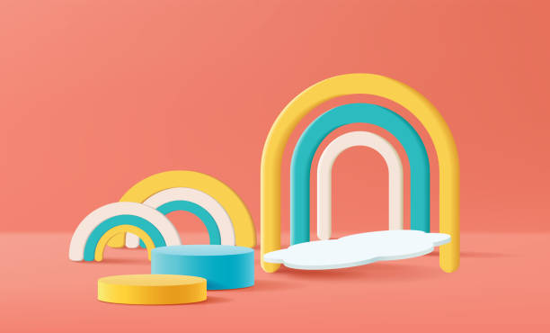 istock Stand and display colorful. 3D rendering. A scene for advertising, Minimalist mockup for podium display or showcase. 1423644629