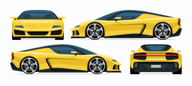 set of modern sports car mockups. side, front, rear view of a yellow 2-door sports coupe isolated on white background. vector supercar icon for road and transportation illustrations. - spor araba stock illustrations