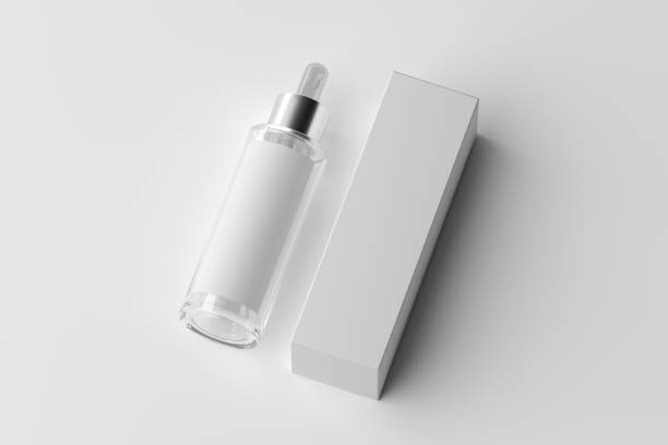istock 3d render Clear glass dropper bottle and box mockup with a place for design 1423647203