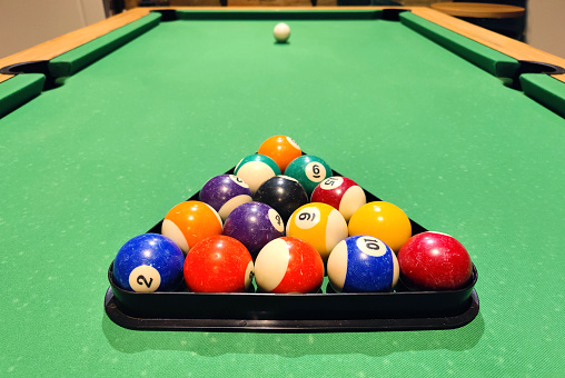 Pool billiard balls close up set in a triangle