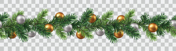 ilustraciones, imágenes clip art, dibujos animados e iconos de stock de borde decorativo vectorial sin costuras con ramas verdes y adornos navideños aislados sobre fondo transparente - pine tree evergreen tree backgrounds needle