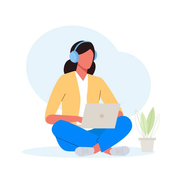 Woman student in the headphones studying with laptop Woman student in the headphones studying with laptop. online distance education concept. E-learning by webinar training or lecture. Flat vector illustration distant meeting stock illustrations