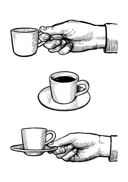 Hand drawn illustration of a hand holding espresso and coffee cup and saucer.