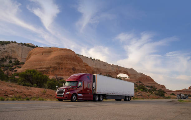 istock Red long haul semi in Utah, USA 1423653650