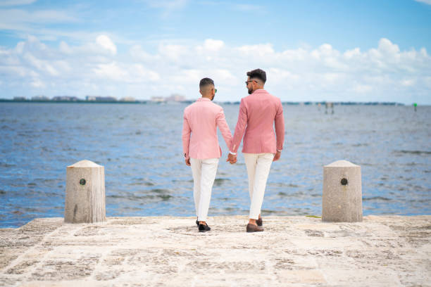 istock Affectioned gay couple walking towards the sea 1423654033