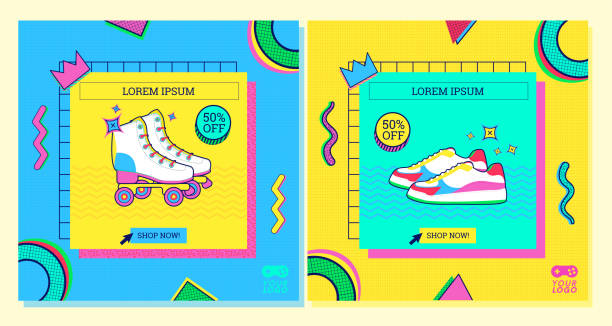 90 년대 향수를 불러 일으키는 다채로운 복고풍 소셜 미디어 상점 게시물 템플릿 - 인라인 스케이트 stock illustrations