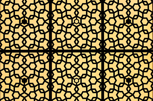 Geometric ornament based on traditional Arabic style. Black color lines on yellow background. Design for fabric, textile, cover, wrapping paper, background