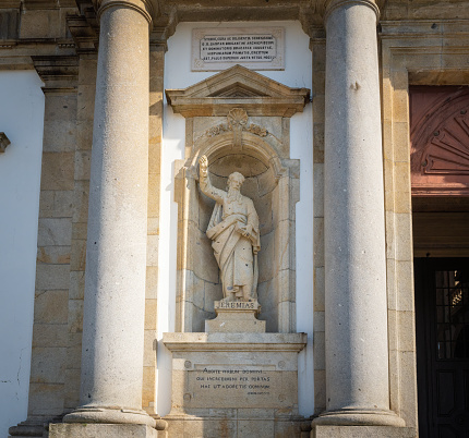 Braga, Portugal - Feb 6, 2020: Jeremiah Statue at Sanctuary of Bom Jesus do Monte Church Facade (created by Manuel Joaquim Alvares e Souza Alao, c. 1811) - Braga, Portugal