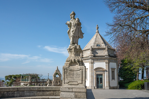 Braga, Portugal - Feb 6, 2020: Nicodemus Statue at Temple Forecourt at Sanctuary of Bom Jesus do Monte (created by Jose de Souza e Antonio de Souza in 1771) - Braga, Portugal