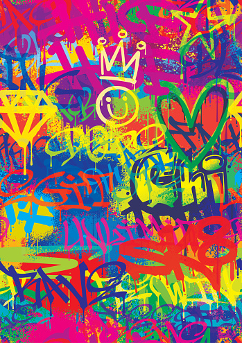 Colorful street art seamless pattern vector grunge background with spray-painted graffiti art. All elements are separate objects, easy to re-arrange.