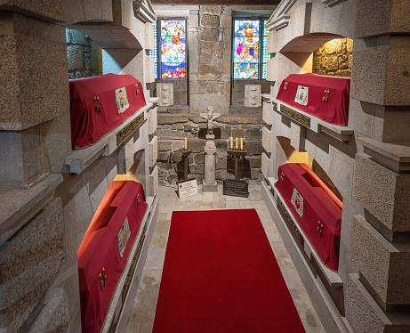 Braga, Portugal - Feb 6, 2020: Archbishop Tombs in Chapel of Piety at Sé de Braga Cathedral Complex - Braga, Portugal