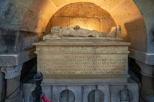 Braga, Portugal - Feb 6, 2020: Tomb of Count Henry (Henrique) - father of the first king of Portugal D. Afonso Henriques in Chapel of the Kings at Sé de Braga - Braga, Portugal