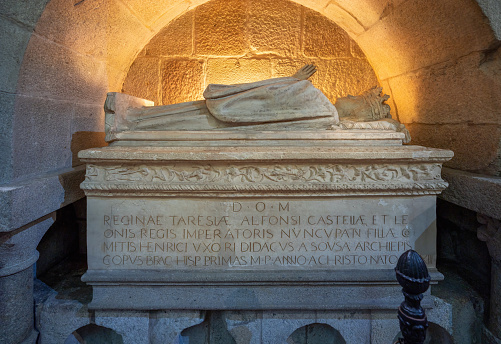 Braga, Portugal - Feb 6, 2020: Tomb of Countess Theresa (Teresa de Leao) - mother of the first king of Portugal D. Afonso Henriques in Chapel of the Kings at Sé de Braga - Braga, Portugal