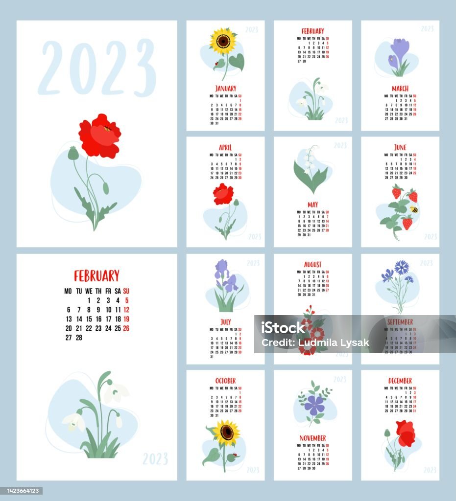 꽃 인쇄 달력 2023 꽃 눈방울 계곡의 백합 양귀비 해바라기 홍채 악어 및 멜로우 벡터 세로 템플릿 12 페이지 And 영어로 커버 월요일부터 주 아욱에 대한 스톡 벡터 아트 및 기타 이미지 - 꽃 인쇄 달력 2023 꽃 눈방울 계곡의 백합 양귀비 해바라기 홍채 악어 및 멜로우 벡터 세로 템플릿 12 페이지 And 영어로 커버 월요일부터 주 아욱에 대한 스톡 벡터 아트 및 기타 이미지 -