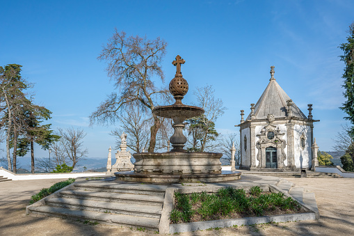 Fountain of Tears and Ascension Chapel in Evangelists Court (Terreiro dos Evangelistas) at Sanctuary of Bom Jesus do Monte - Braga, Portugal