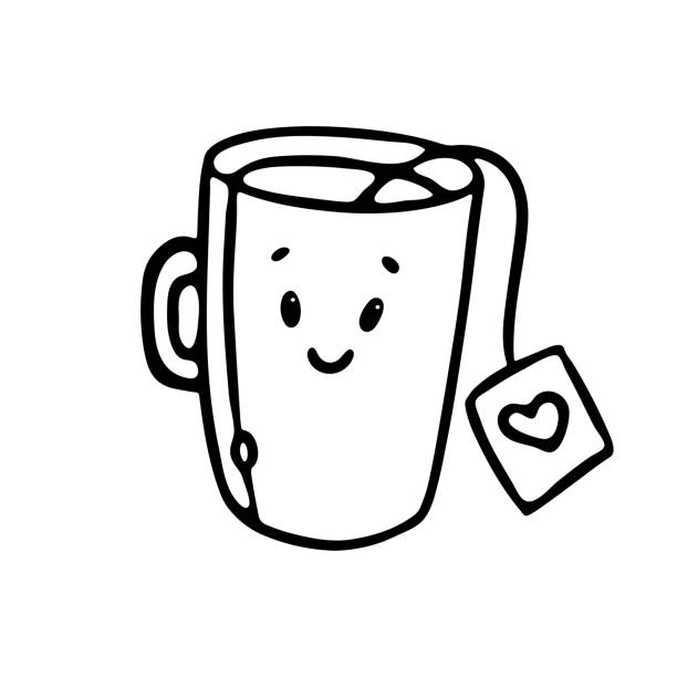 Kawaii Cup With Tea Bag Outline Cartoon Doodle Vector Illustration Cute Mug  With Facial Character For Coloring Book Stock Illustration - Download Image  Now - iStock
