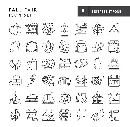 Vector illustration of a set of Fall Fair icons. Includes pumpkins and gourds, carnival games, prizes, amusement rides, fall leaves, fair tents and decorations, carnival midway food and snacks, artisan vendor booth, farm animals, dairy foods, ticket, sunflower on white background. Fully editable stroke outline for easy editing. Simple set that includes vector eps and high resolution jpg in download.