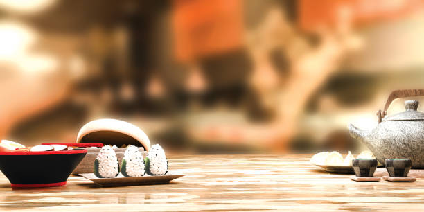 Varied plate of Sushi, bread, salad, pasta and tea on an unfocused background. 3d illustration
