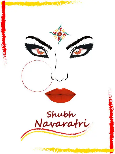 Vector illustration of creative vector art of shubh navaratri. Indian hindu goddess facial art, cinnabar color eyes, rich black fogra 29 color eyebrows and eyeshadow, vermillion color nose ring and lips on white background.