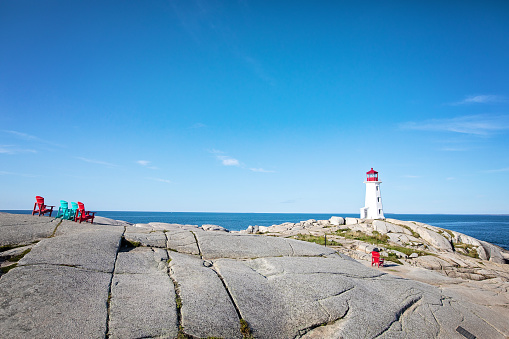 Landmark lighthouse at Peggy's Cove, Nova Scotia on a summer morning with blue skies.