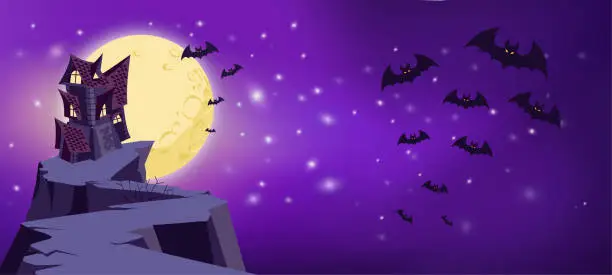 Vector illustration of Halloween Night Background with Haunted House, Bats and Moon.