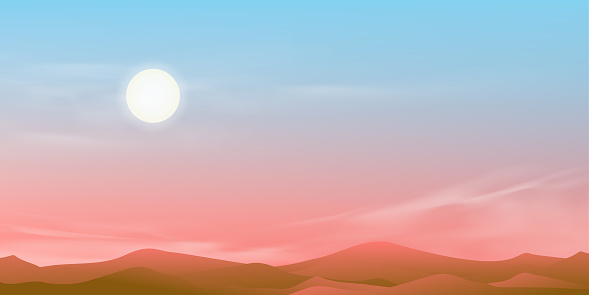 Sunrise Morning with Pink, Blue Sky,Rural landscape with Sunset sky in evening,Vector horizon beautiful nature banner of moutains view with Romatic twilight,Sunlight for four seasons background