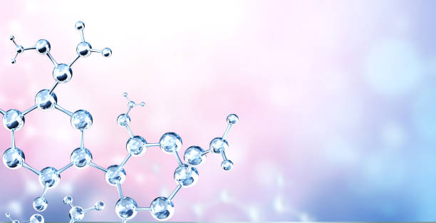 istock Horizontal banner with model of abstract molecular structure. Background of gray color with glass atom model 1423684304