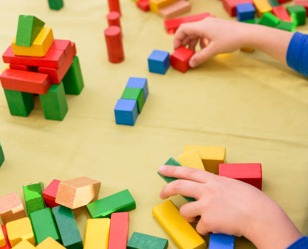 istock Cute young boy is playing with toy blocks 1423687072