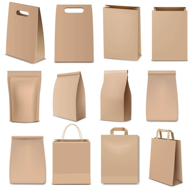 ilustraciones, imágenes clip art, dibujos animados e iconos de stock de colección eco paper bags and packaging - paper bag packaging blank package