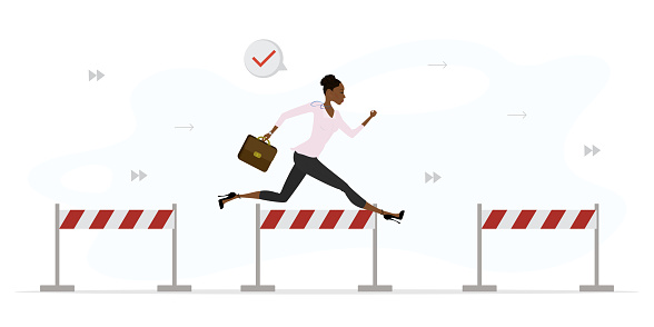 African american businesswoman jumps over hurdle. Overcoming obstacles, solving problems. Business competition. Skills improvement. Successful employee fast run. Confident female character. Vector
