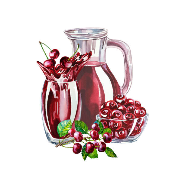 ilustrações, clipart, desenhos animados e ícones de cerejas e suco de cereja em um cálice de vidro. jarro com suco. ilustração de aquarela. para etiquetas de design, embalagem - red jug