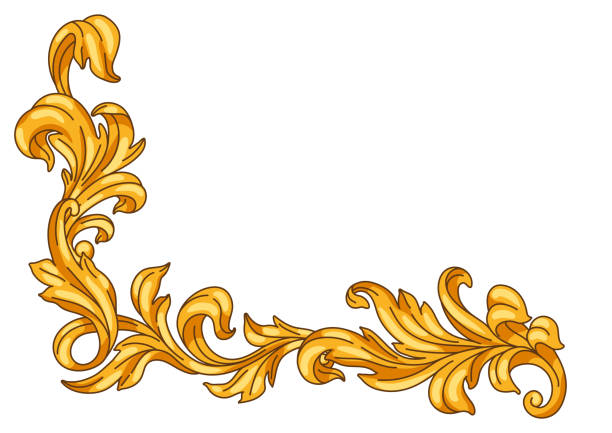 바로크 양식의 장식용 꽃 코너. 황금 컬링 식물. - scroll shape corner victorian style silhouette stock illustrations