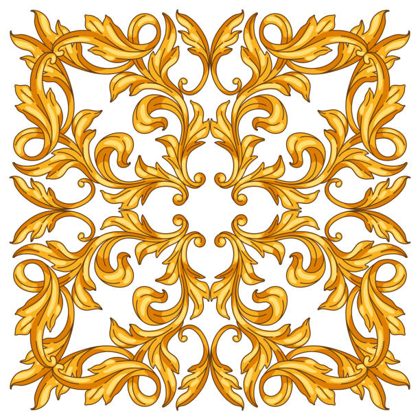 istock Decorative floral ceramic tile in baroque style. Golden curling plant. 1423688770