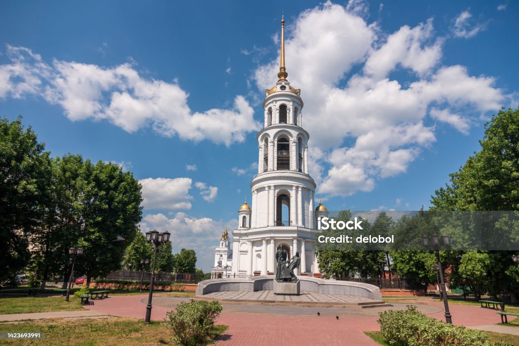 Bell tower of the Resurrection Cathedral in Shuya, Russia. Bell tower of the Resurrection Cathedral in Shuya, Ivanovo region, Russia. Antique Stock Photo