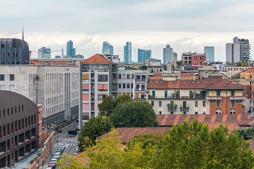 Landscape of Milan with modern skyscrapers and towers, Italy.