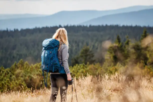 Woman photographer with backpack and camera hiking in natural parkland Jeseniky mountains. Adventure in nature