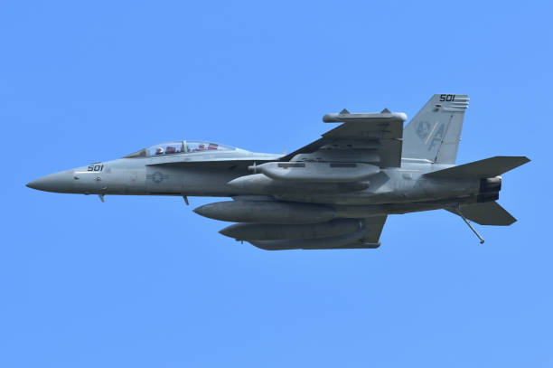 United States Navy Boeing EA-18G Growler electronic warfare aircraft from VAQ-209 "Star Warriors". Aomori Prefecture, Japan - September 11, 2022:United States Navy Boeing EA-18G Growler electronic warfare aircraft from VAQ-209 "Star Warriors". misawa japan stock pictures, royalty-free photos & images