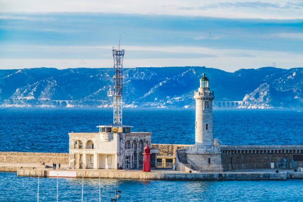 Harbor Lighthouse Mediterranean Sea Marseille Cityscape Breakwater Cote d'Azur France.