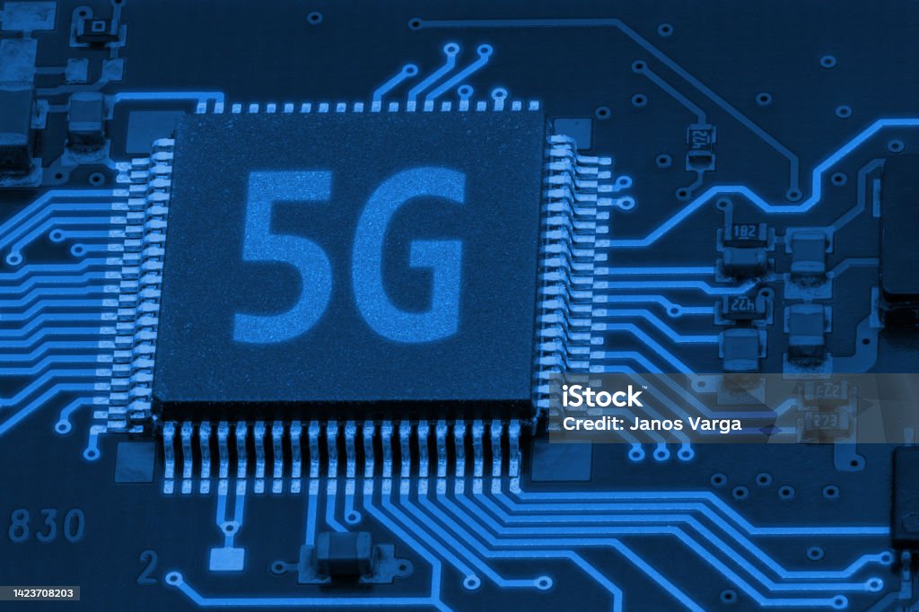 Close-up picture of a PCB with 5G text 5G Stock Photo
