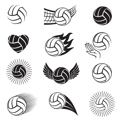 monochrome collection of various volleyball balls isolated on white background