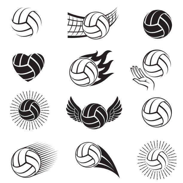 volleyball balls set monochrome collection of various volleyball balls isolated on white background volleyball stock illustrations